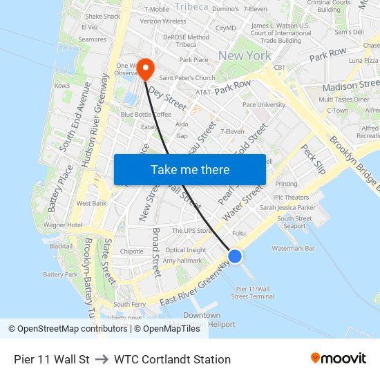 Pier 11 Wall St to WTC Cortlandt Station map
