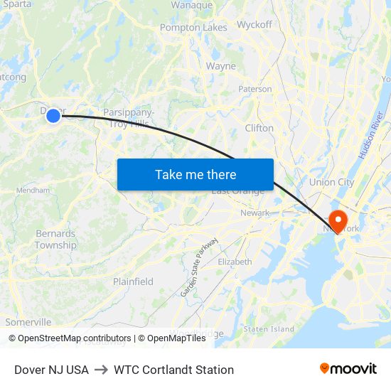 Dover NJ USA to WTC Cortlandt Station map