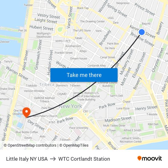 Little Italy NY USA to WTC Cortlandt Station map