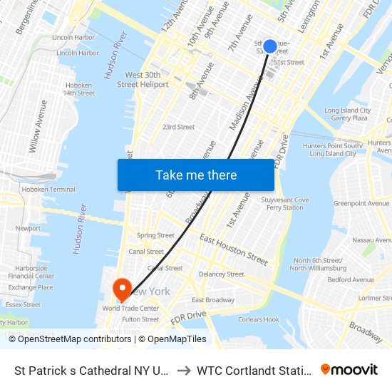 St Patrick s Cathedral NY USA to WTC Cortlandt Station map