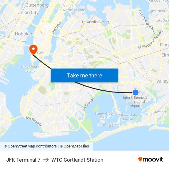 JFK Terminal 7 to WTC Cortlandt Station map