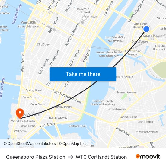 Queensboro Plaza Station to WTC Cortlandt Station map