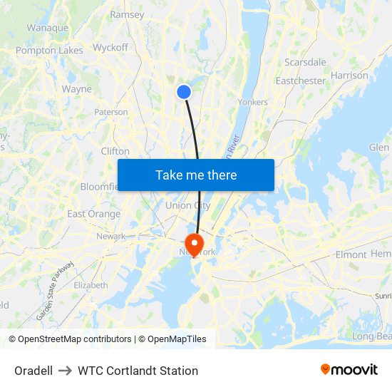 Oradell to WTC Cortlandt Station map