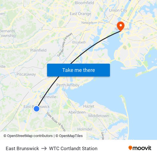 East Brunswick to WTC Cortlandt Station map