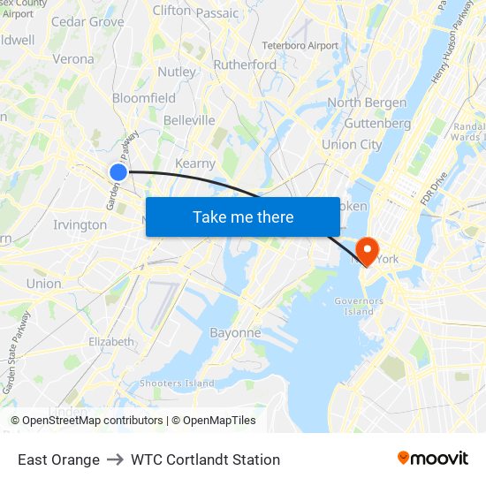 East Orange to WTC Cortlandt Station map