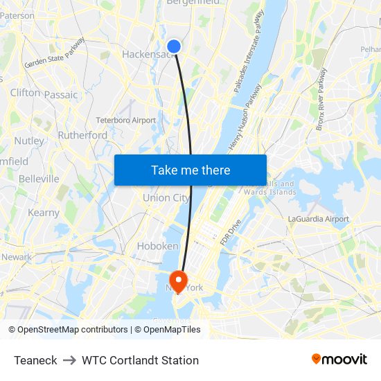 Teaneck to WTC Cortlandt Station map