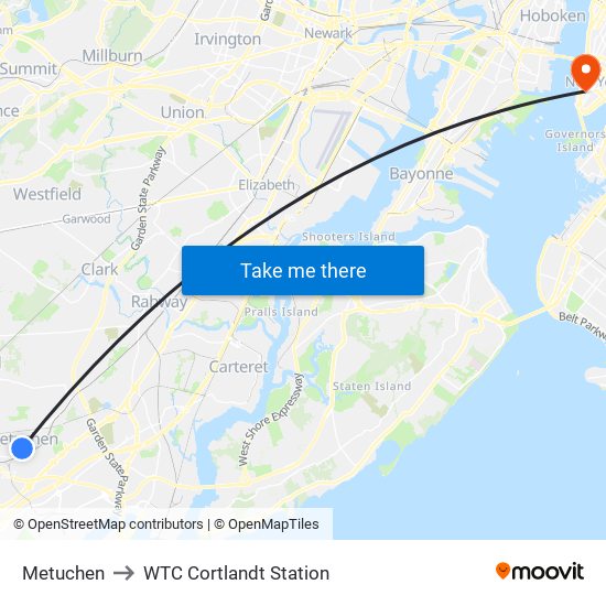 Metuchen to WTC Cortlandt Station map