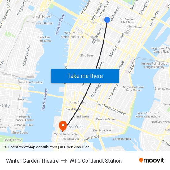 Winter Garden Theatre to WTC Cortlandt Station map
