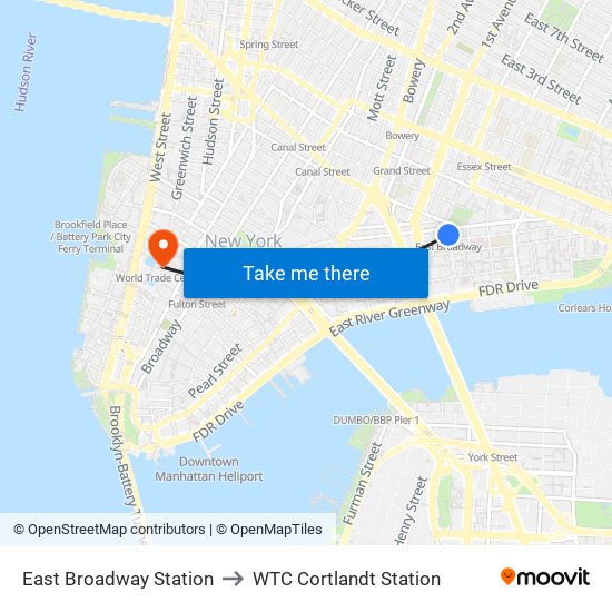 East Broadway Station to WTC Cortlandt Station map