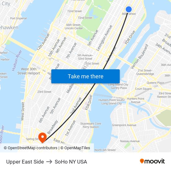 Upper East Side to SoHo NY USA map