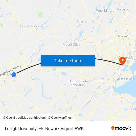 Lehigh University to Newark Airport EWR map