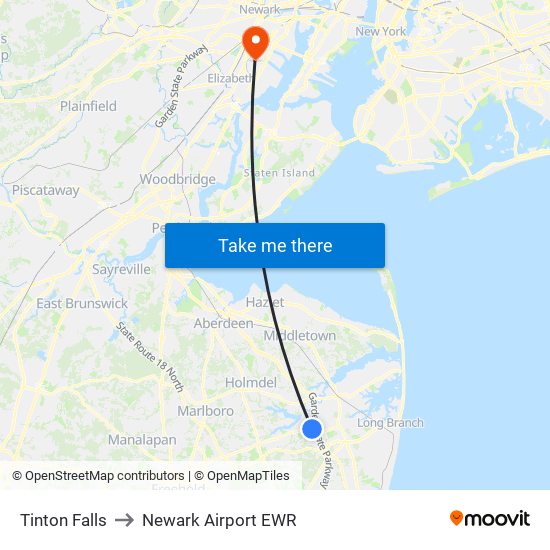 Tinton Falls to Newark Airport EWR map
