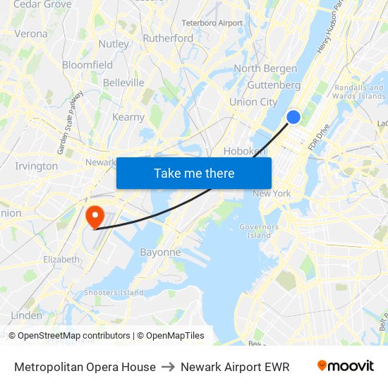 Metropolitan Opera House to Newark Airport EWR map