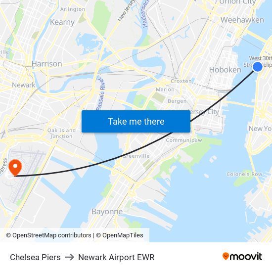 Chelsea Piers to Newark Airport EWR map