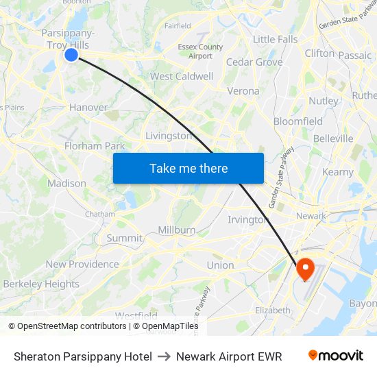 Sheraton Parsippany Hotel to Newark Airport EWR map