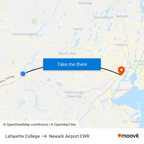 Lafayette College to Newark Airport EWR map