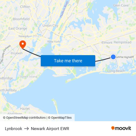 Lynbrook to Newark Airport EWR map