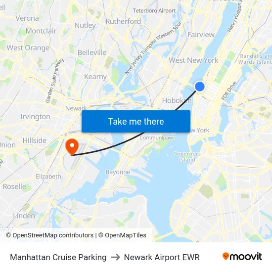 Manhattan Cruise Parking to Newark Airport EWR map