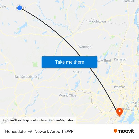 Honesdale to Newark Airport EWR map