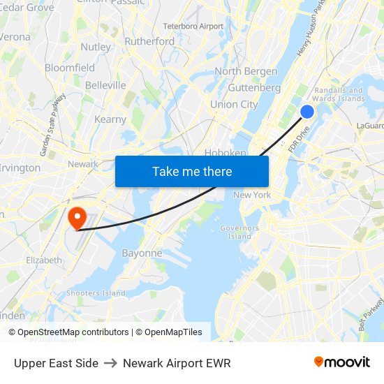 Upper East Side to Newark Airport EWR map