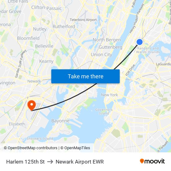 Harlem 125th St to Newark Airport EWR map