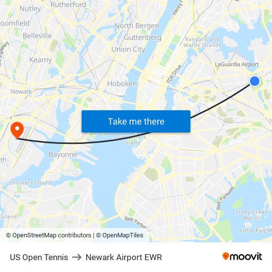 US Open Tennis to Newark Airport EWR map