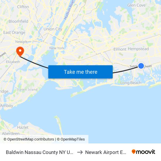 Baldwin Nassau County NY USA to Newark Airport EWR map