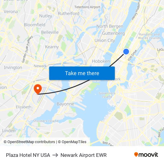 Plaza Hotel NY USA to Newark Airport EWR map
