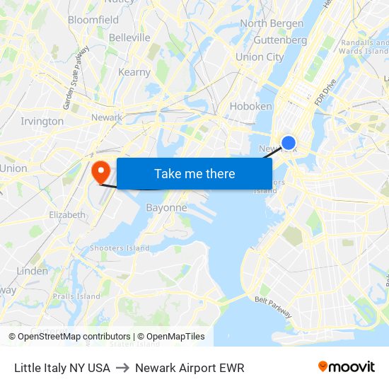 Little Italy NY USA to Newark Airport EWR map