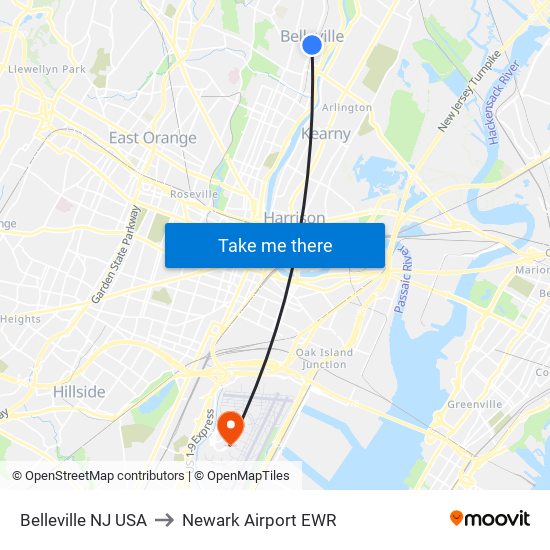 Belleville NJ USA to Newark Airport EWR map