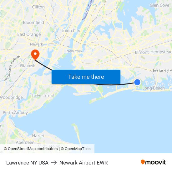 Lawrence NY USA to Newark Airport EWR map