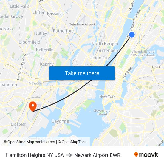 Hamilton Heights NY USA to Newark Airport EWR map