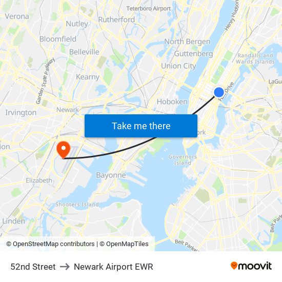 52nd Street to Newark Airport EWR map