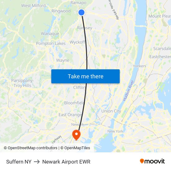 Suffern NY to Newark Airport EWR map