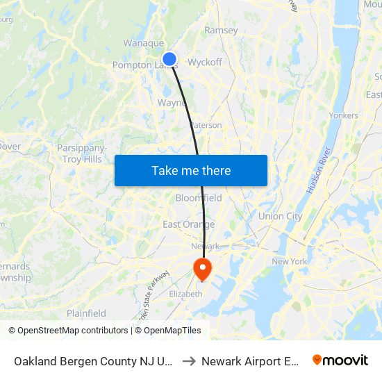 Oakland Bergen County NJ USA to Newark Airport EWR map