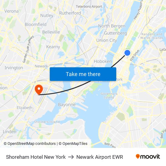 Shoreham Hotel New York to Newark Airport EWR map