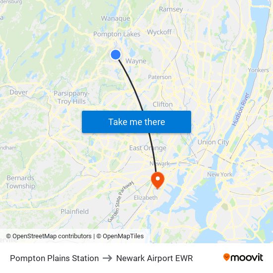 Pompton Plains Station to Newark Airport EWR map