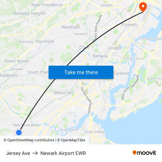 Jersey Ave to Newark Airport EWR map