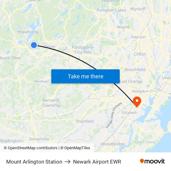 Mount Arlington Station to Newark Airport EWR map