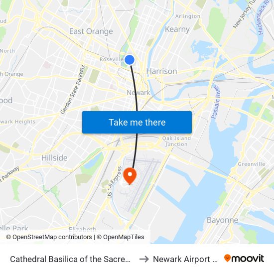 Cathedral Basilica of the Sacred Heart to Newark Airport EWR map