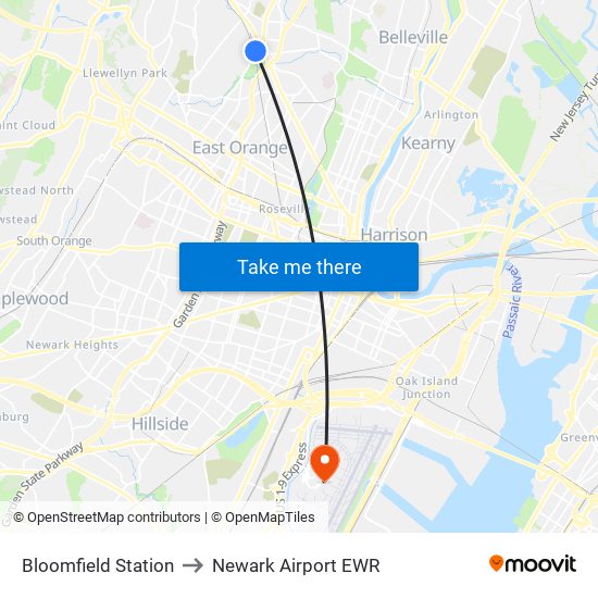 Bloomfield Station to Newark Airport EWR map