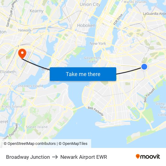 Broadway Junction to Newark Airport EWR map