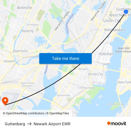 Guttenberg to Newark Airport EWR map
