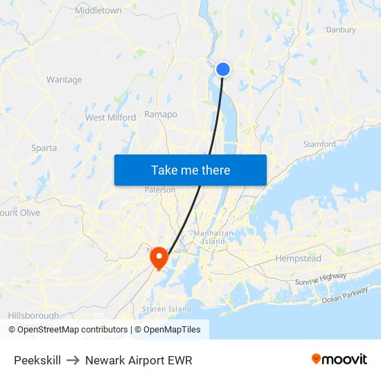 Peekskill to Newark Airport EWR map