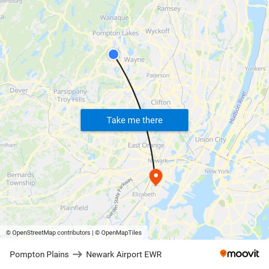 Pompton Plains to Newark Airport EWR map