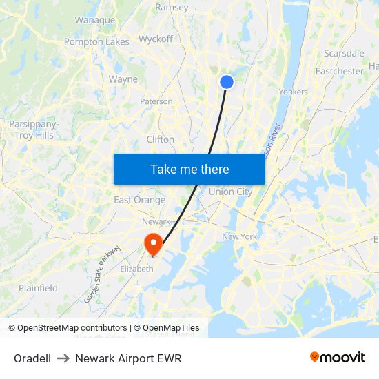 Oradell to Newark Airport EWR map