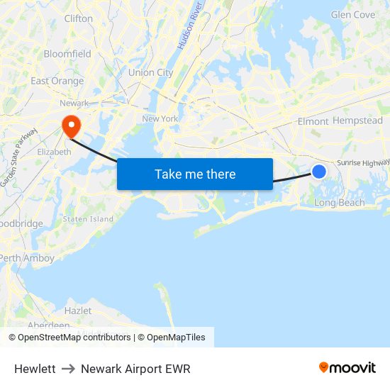 Hewlett to Newark Airport EWR map