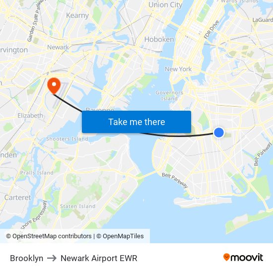 Brooklyn to Newark Airport EWR map