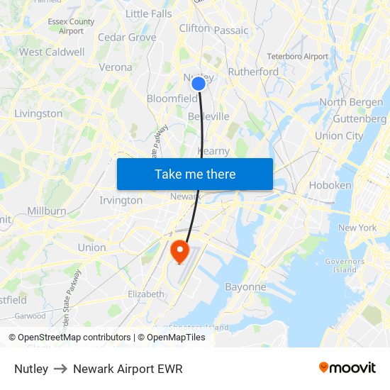 Nutley to Newark Airport EWR map