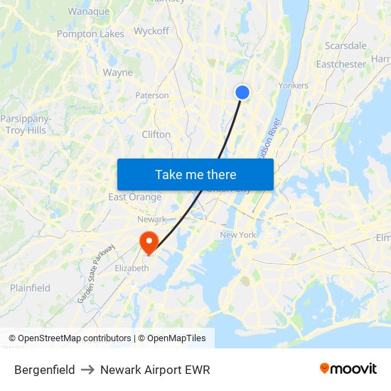 Bergenfield to Newark Airport EWR map